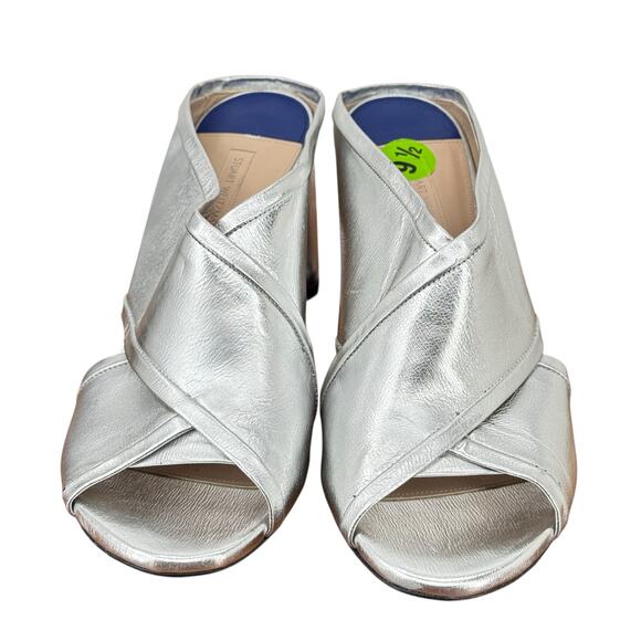 Stuart Weitzman Heeled Metallic Silver Mules Leather Women SZ 9.5 Formal Party - Picture 3 of 13